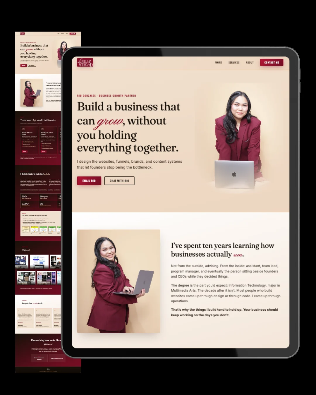 Level Up With Rio homepage and full page layout, shown on tablet