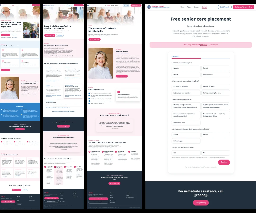 Senior Transitions Specialist homepage and full page layout, shown on tablet