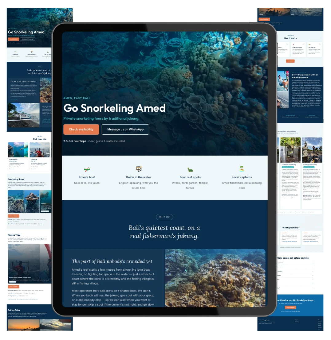 Adventure & Watersports Tours homepage and full page layout, shown on tablet